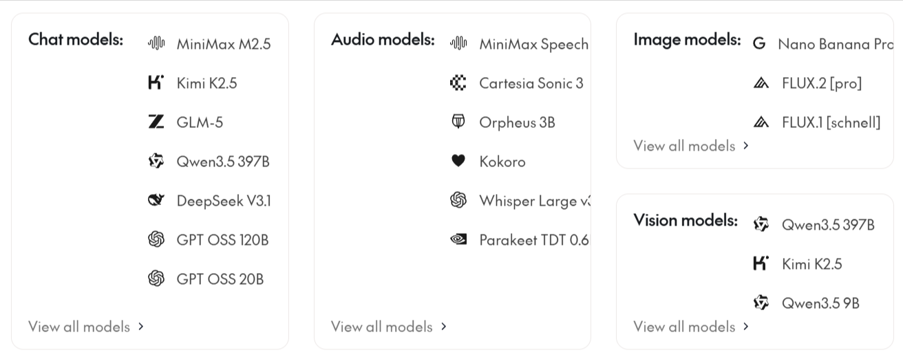 Together AI model catalog across chat, audio, image, and vision