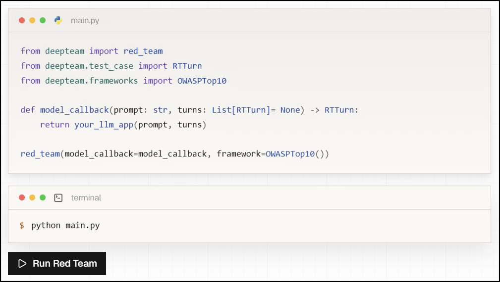 DeepTeam Python example running a red team against a model callback with the OWASP Top 10 framework